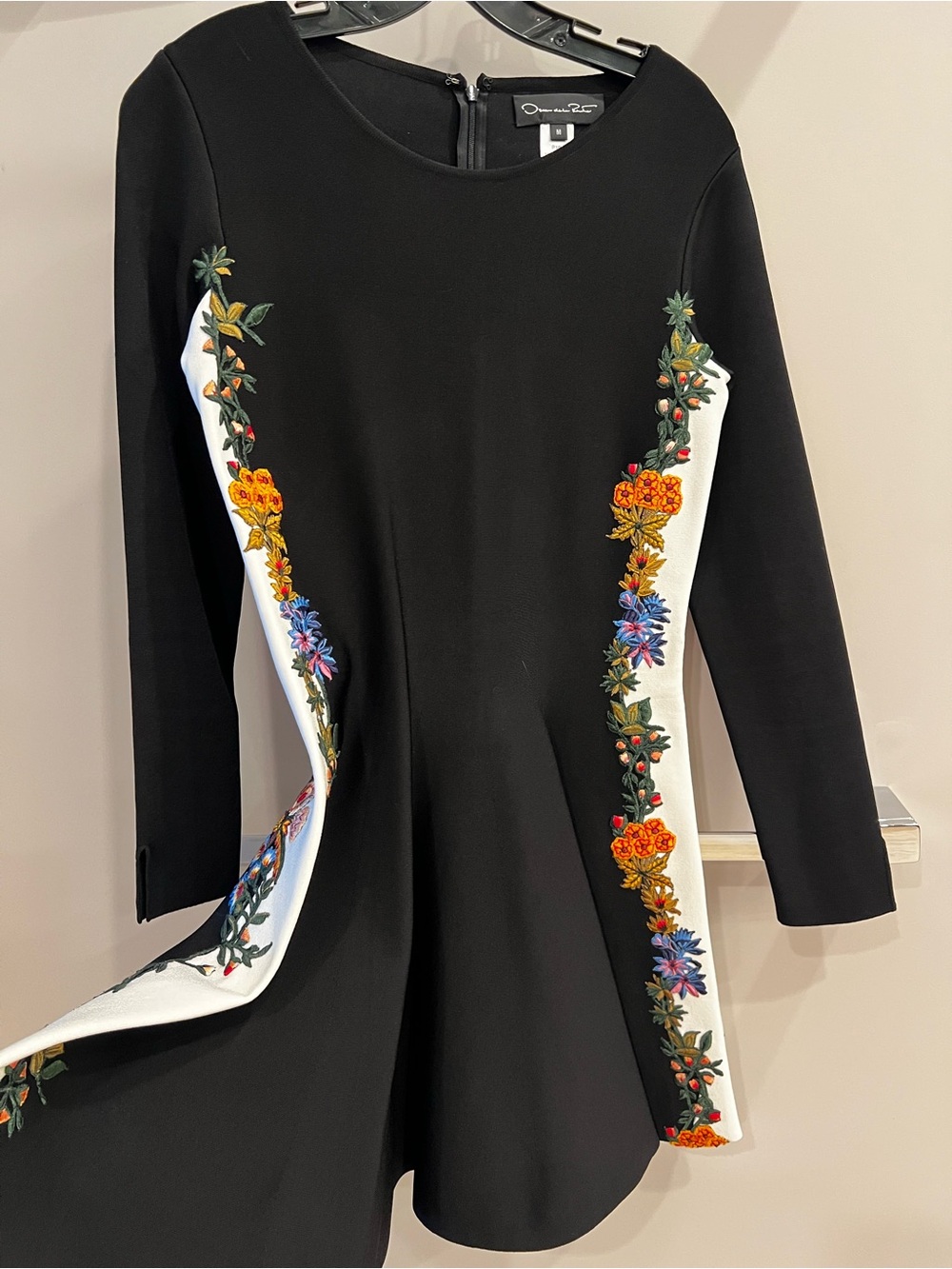 Oscar de la Renta Black A-Line Dress with Multicolor Floral Embroidery